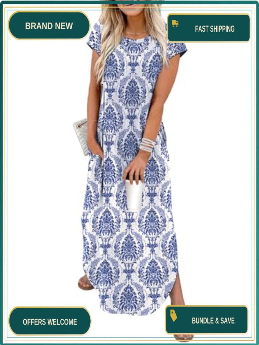 Maxi Dress with Pockets Casual Summer Sundress Cap Sleeve Crewneck Beach